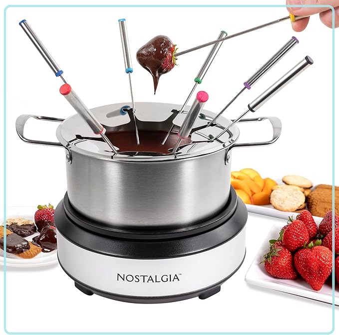 Nostalgia 8-Cup Electric Fondue Pot Set for Cheese & Chocolate - 8 Color-Coded Forks, Temperature Control - Kitchen Gadgets and Appliances for Hors d'Oeuvres and More - Stainless Steel - Bloomnest