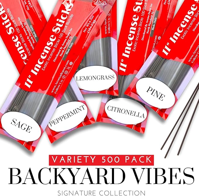 Aroma Depot Backyard 11'' Incense Sticks - Variety Set 500 Pack - 11 inch - 5 Bundles 100 Sticks Per Scent. Set Features Citronella, Lemongrass, Peppermint, Pine, and Sage AromaDepotInc
