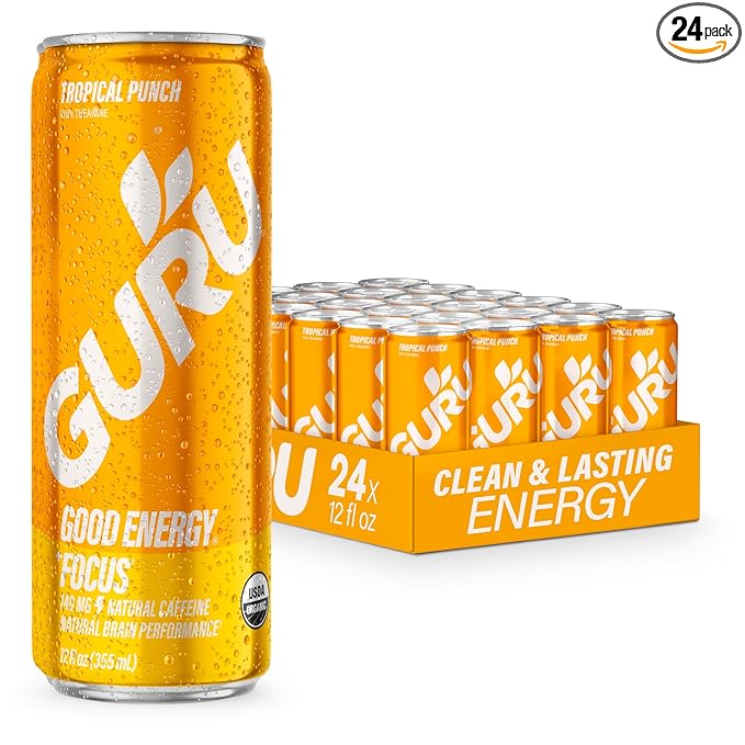 GURU Tropical Punch Organic Energy Drinks, Clean Energy Drink with Plant Based Natural Caffeine from Green Tea + L Theanine, Gluten Free and Vegan, 140MG Caffeine, Healthy Drinks, 12oz (Pack of 24) - Bloomnest