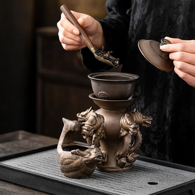 Kungfu Tea Sets Ceramic Teapot with Infuser Loose Leaf Tea Teapot with 8 cups (Antique Brass Dragons) - Bloomnest