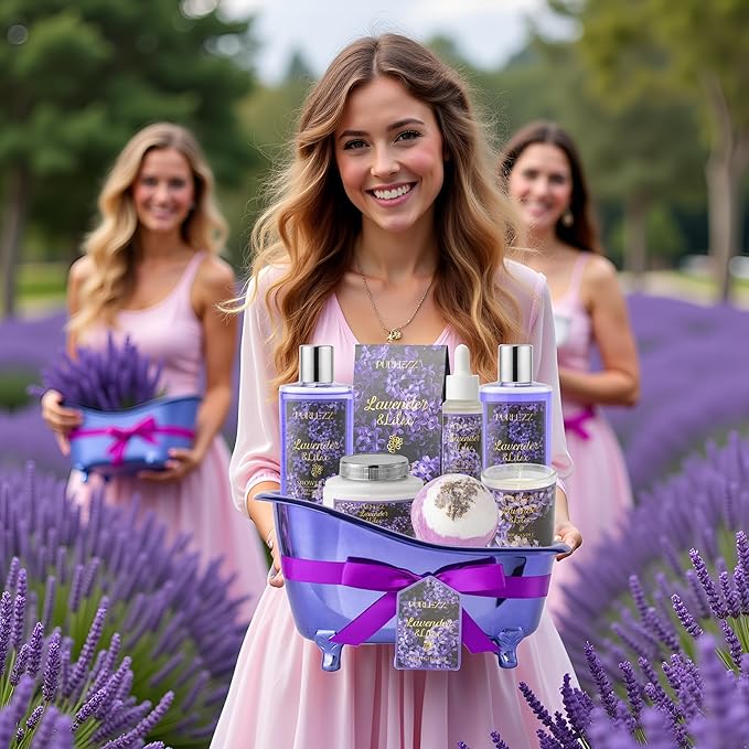 Birthday Gifts for Women, Luxury Home Spa Kit, 8pcs Lavender & Lilac Bath Gift Set, Gift Baskets for Women Unique with Bath Bombs, Sea Salt, Scented Candle, Body Lotion