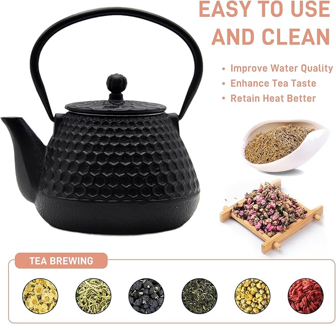 20.3oz Small Cast Iron Teapot, SECHUDO Cast Iron Tea Kettle for Stovetop Safe Coated with Enameled Interior, Cast Iron Tea Pot with Stainless Steel Infuser for Loose Tea (Black Honeycomb Pattern) - Bloomnest
