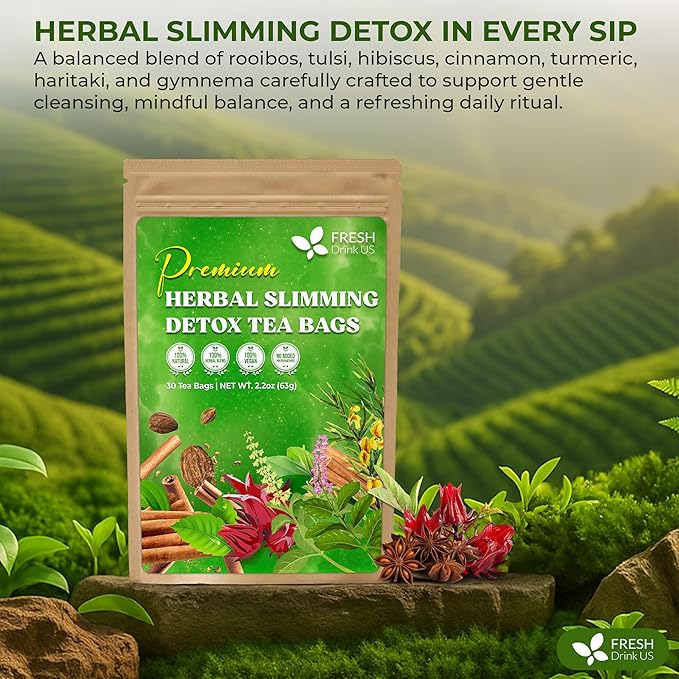 FreshDrinkUS, 30 Tea Bags Herbal Tea – Caffeine-Free Herbal Tea with Rooibos, Turmeric & Hibiscus – Loose Leaf Blend for Daily Rituals and Clean Living – Vegan, No Additives - Bloomnest