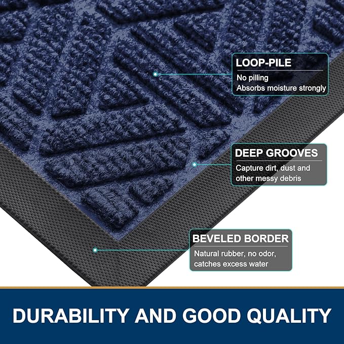 Smiry Front Door Mat Outside Entrance, Heavy Duty Sturdy Natural Rubber Doormat, Trap Dirt and Moisture, Easy Clean Low Profile Mats for Indoor Outdoor Entry, Grid Geometric (59x35, Navy Blue) - Bloomnest