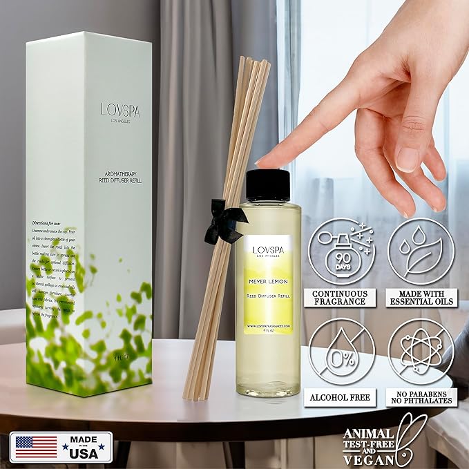 LOVSPA Meyer Lemon Diffuser Oil - Luxury Essential Oils for Diffuser Refill & Air Freshener Room Spray - Long-Lasting & Natural Home Fragrance, Scented Oil for Diffusers, USA Made, 4oz - Bloomnest