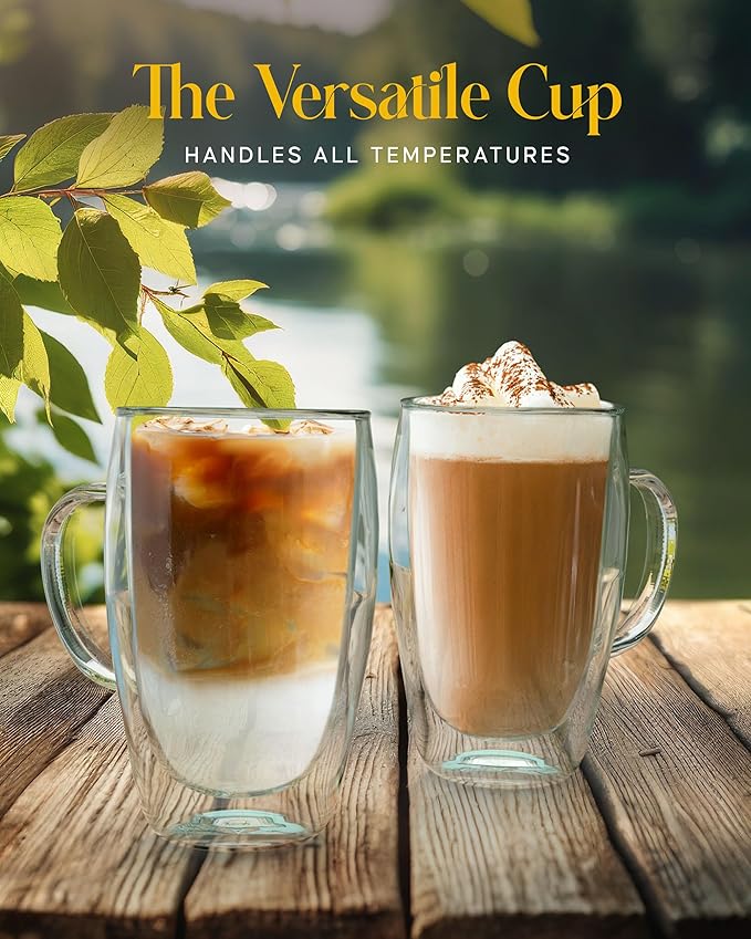 Kitchables Double Walled Glass Coffee Mugs Set of 2, 15oz - Insulated Glass Coffee Mugs for Cappuccino, Latte, Tea, Espresso - Latte Cup - Tazas Para Cafe - Bloomnest