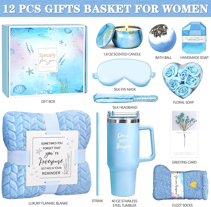 Birthday Gifts for Women, Self Care Get Well Soon Gifts, Ocean Relaxing Spa Gift Basket w/ Luxury Flannel Blanket & 40 oz Tumbler, Thinking of You Gifts, Christmas Gift for Mom Wife Sister Friend