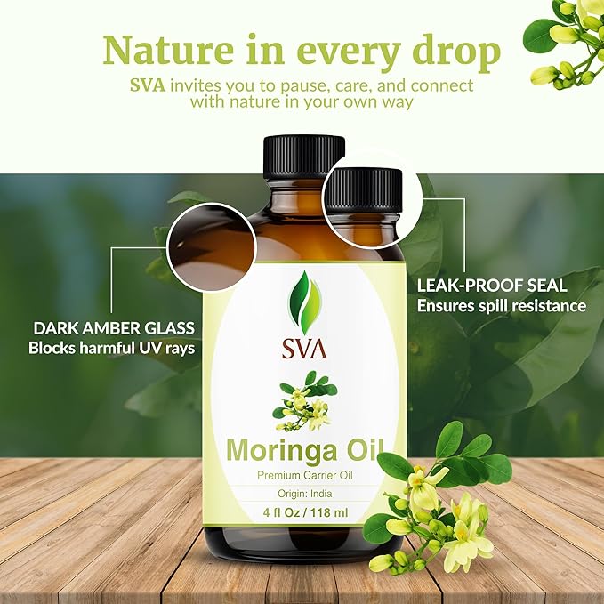 SVA Moringa Seed Oil - 4 Fl Oz – 100% Natural Cold Pressed Moringa Oil - for Face, Skin Care, Hair Care, Scalp Massage & Body Massage – Carrier Oil with Dropper - Bloomnest