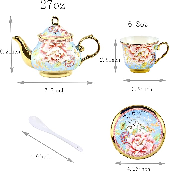20 Pieces Porcelain Tea Set With Metal Holder, European Ceramic tea set for adults,Flower Tea Set,Tea Set For Women With Flower Painting(Large version, Light Blue)) - Bloomnest