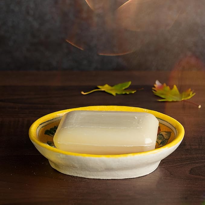 Blue Pottery Soap Case Handmade Handicraft Ceramic Decorative Bathroom Accessory for Shower Bathroom Kitchen Sink Bathtub Bathroom Accessories and Gifting (Yellow Flower) - Bloomnest