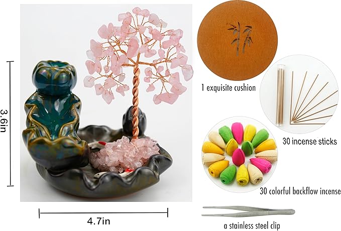 Backflow Incense Holder, Waterfall Incense Burner, Gemstone Money Tree Home Living Room Decorations Office Accessories for Women, Mothers Day Mom Gifts (Rose Quartz) - Bloomnest