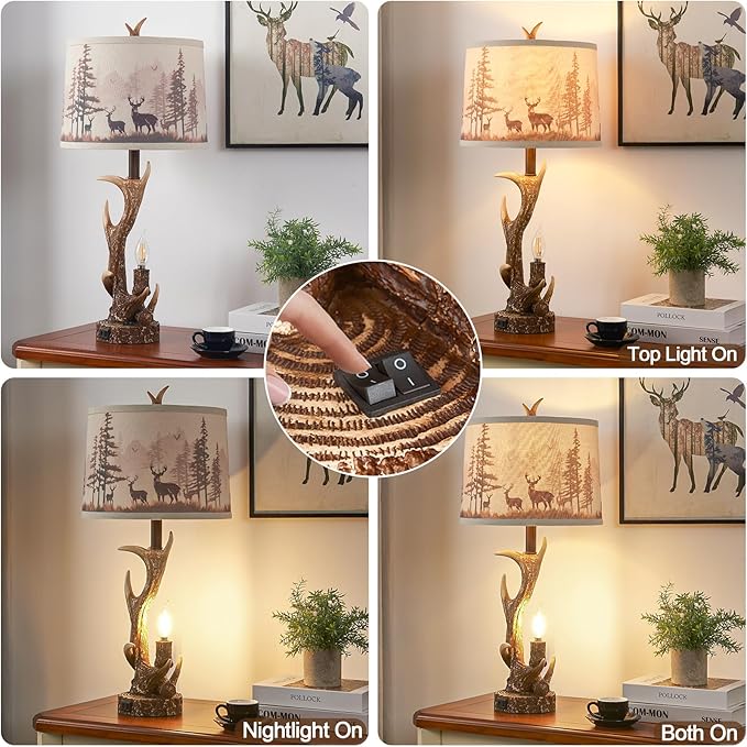 2PACK Rustic Antler Table Lamps Included 4 Bulbs for Bedroom, 28'' Farmhouse Antler Table Lamp with Deer Forest Lampshade USB + Type C Ports Decor for Living Room End Table Cabin Office House - Bloomnest