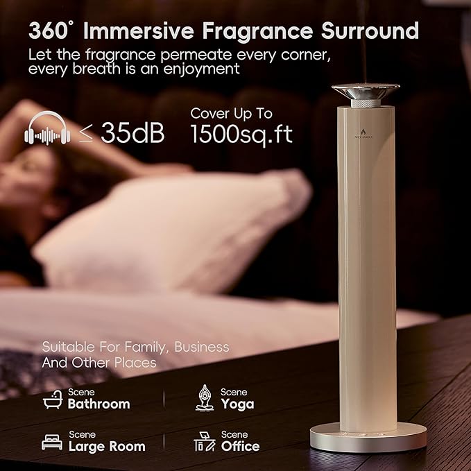 Waterless Scent Diffuser Starter Kit - Alloy Atomization System, Smart Rechargeable Hotel Scent Diffuser, 1500 Sq Ft Coverage, Including 120ml Essential Oil, for Home, Large Room, Spa, Cream - Bloomnest