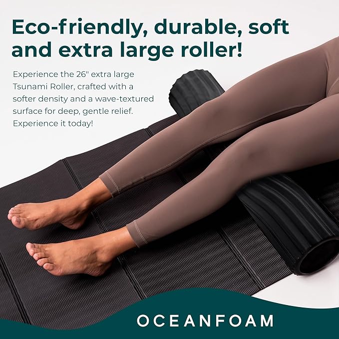 Oceanfoam Tsunami Roller (Black & Charcoal Marbled) - Soft, Textured Foam Roller for Physical Therapy, Back Pain, Exercise & Stretching - Wave Textured - Yoga, Wellness - Extra-Large 26" x 5.9"