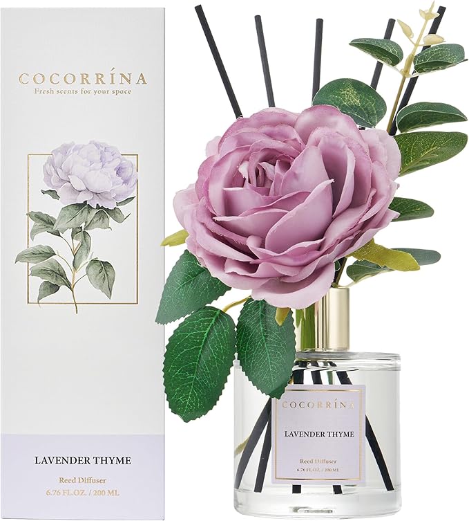 Cocorrína Flower Reed Diffuser - Lavender Thyme 6.7oz Scented Diffuser with Sticks Home Fragrance Essential Oil for Bathroom Shelf Decor (Artificial Flower) - Bloomnest