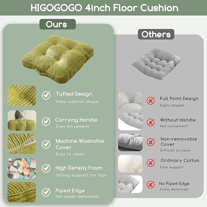 Washable Floor Pillow Cushion for Adults, Meditation Cushion Pillow, Large Square Floor Sitting, Removable Tufted Corduroy Cover, for Tatami Living Room or Yoga, 22x22 Inch, 2Pack, Machine Washable - Bloomnest