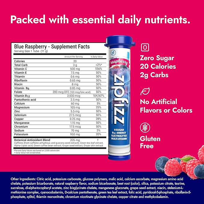 Zipfizz Daily Energy Drink Powder, Blue Raspberry, 20 Pack | 3-in-1 Sustained Energy, Rapid Hydration, and Essential Vitamins | Sugar-Free | Electrolyte Powder | Contains Vitamin B-12 & Antioxidants - Bloomnest