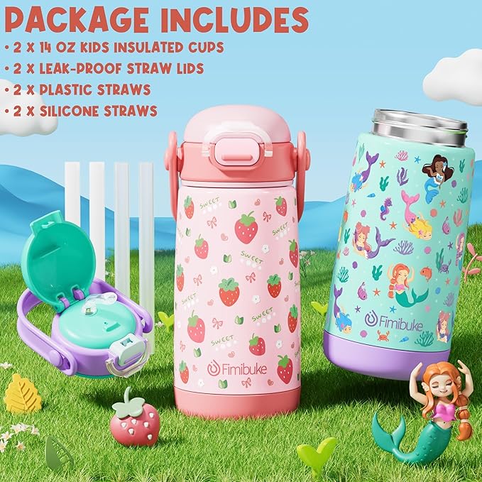 Fimibuke Kids Insulated Water Bottle with Straw Lid & Handle - 14oz BPA FREE 18/8 Stainless Steel Metal Tumbler Leak Proof Double Wall Vacuum Kids Cup Toddler Water Bottle for School Boys Girls - Bloomnest