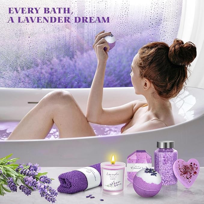 Bath Gift Set for Women, Christmas Stocking Stuffers for Women, Birthday White Elepant Gifts for Wife Her Sister Mom Auntie Grandma Friends, Relaxing Spa Self Care Lavender Bath Bombs Set﻿ - Bloomnest