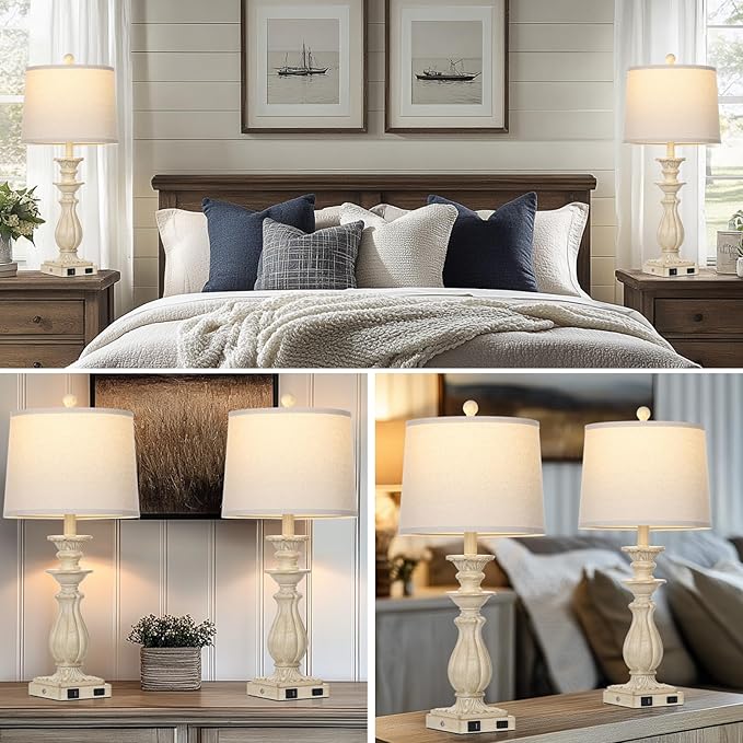 28" Farmhouse Table Lamps Set of 2 for Living Room, 3 Way Dimmable Bedside Lamp with USB C+A Ports & AC Outlet, Resin Vintage Tall Nightstand Lamps for Bedroom Office Hallway, Beige - Bloomnest