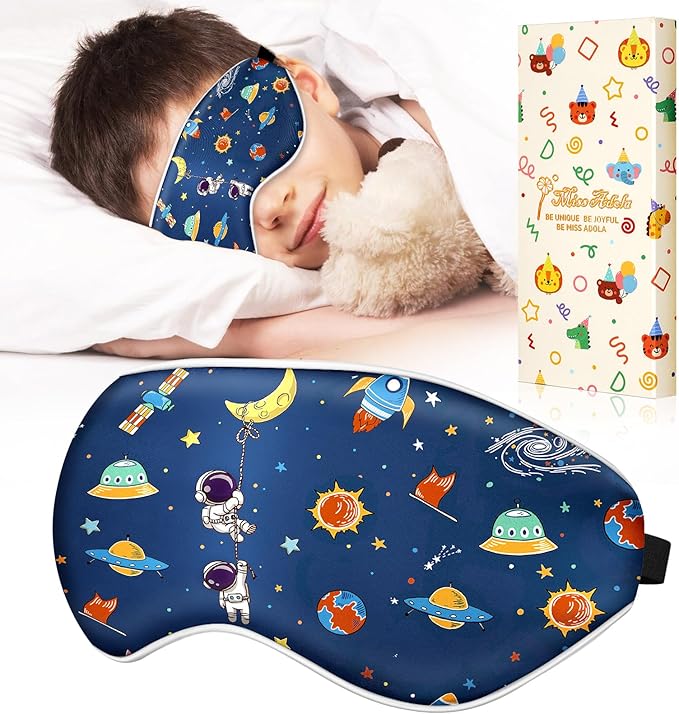 Sleep Mask for Kids - Silk Eye Mask for Sleeping Cute Cartoon Kids Sleep Mask for Boys Girls Teens Soft Smooth Adjustable Straps Silk Kids Eye Cover, Blue Astronaut - Bloomnest