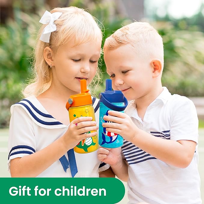 SANDJEST Dinosaurs Water Bottle - Dino Kids Water Bottle with Straw Lid - 12 Oz Insulated Stainless Steel Water Bottles for Kid Boys - Travel Cup for School Sports - Bloomnest