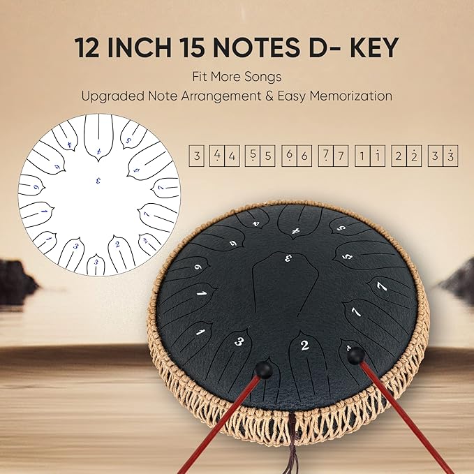 Steel Tongue Drum 12 Inch 15 Notes: Handpan Drums Set with Music Book Mallets Carry Bag - Hand Pan Instrument for Adults Musical Education Meditation Yoga Chakra (Black)