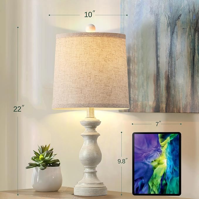 PARTPHONER Traditional Table Lamp Set of 2, Rustic Farmhouse Table Lamps for Living Room Bedroom, 22" Bedside Desk Lamps Vintage Nightstand Lamps with Linen Shades, Antique White - Bloomnest
