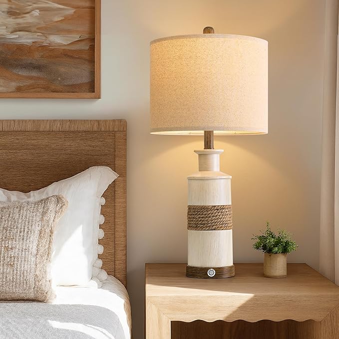 BOBOMOMO 24.5" Farmhouse Boho Table Lamps Set of 2, Hand-Woven Rattan Bedside Lamps with 3-Way Dimmable Touch Control & USB A+C Ports, Nightstand Lamp for Bedroom, Living Room, Corner (Bulbs Included) - Bloomnest