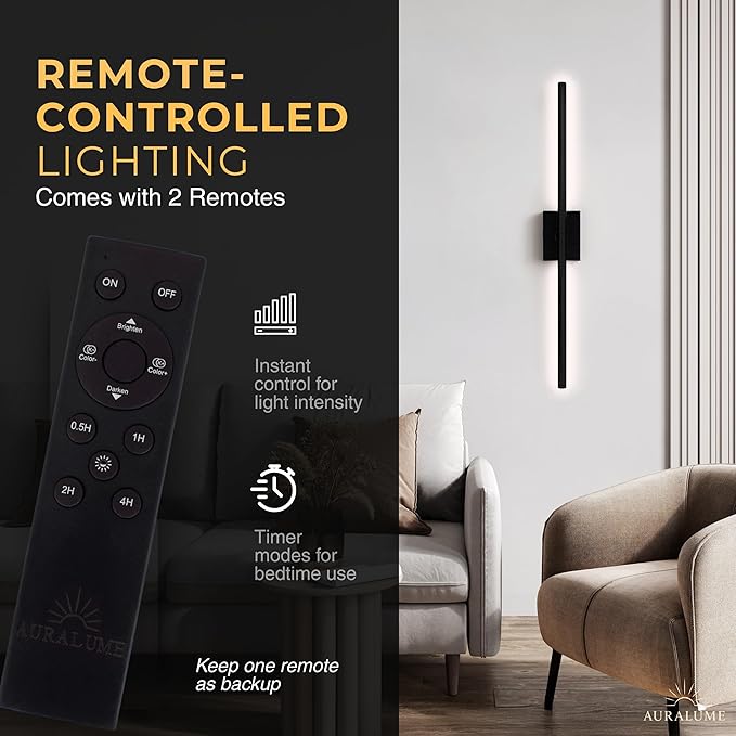 Auralume Wall Sconce Set of Two – Battery Operated LED Wall Lights with Remote, Dimmable, 4 Color Temps 3000K–6000K, 20,000mAh Rechargeable, Modern Indoor Wall Lamps - Bloomnest
