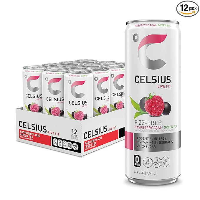 CELSIUS Raspberry Acai Green Tea, Functional Essential Energy Drink 12 Fl Oz (Pack of 12) Packaging may vary - Bloomnest
