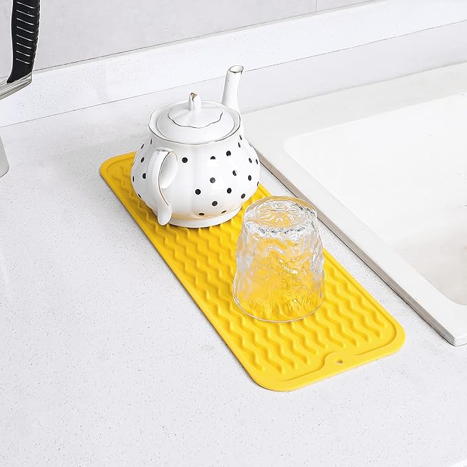 Silicone Dish Drying Mat for Multiple Usage,Easy clean,Eco-friendly,Heat-resistant Silicone Mat for Kitchen Counter,Sink,Bar,Bottle,or Cup Yellow M 17 inches x 6 inches - Bloomnest