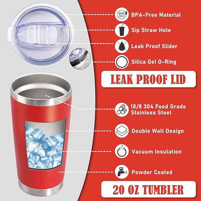 20 oz Tumbler Coffee Travel Tumblers Bulk with Lid Stainless Steel Double Wall Vacuum Insulated Mug Powder Coated Cups fit Car Cupholder for Hot and Cold - Red, 4Pack