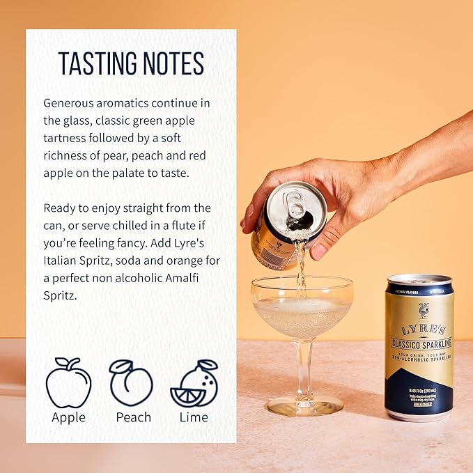 Lyre’s Classico 24-Pack, Non Alcoholic Sparkling Wine, Zero Alcohol Prosecco Alternative, Ready to Drink Canned Mocktails, Low Calorie, Gluten Free, Alcohol Free Drinks (8.45 Fl Oz x 24) LyresSpiritCo