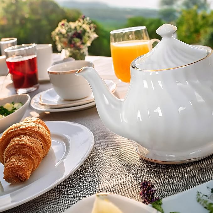 Lynns Porcelain Vintage Teapot with Embossed Swirls 37oz Tea Pot Classic White Tea Set for Parties & Celebrations Ideal Teapot for Tea Cups & Saucers Perfect for Tea Parties - Imperial Gold
