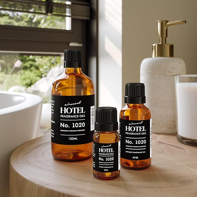 AirScent Hotel Diffuser Oil No. 1020 - Bergamot Cardamom Sandalwood - Hotel Scent Dupe - Premium Fragrance Oil for Ultrasonic and Waterless Diffusers and Crafting - 120 mL, 4 fl oz Glass Bottle Airscent