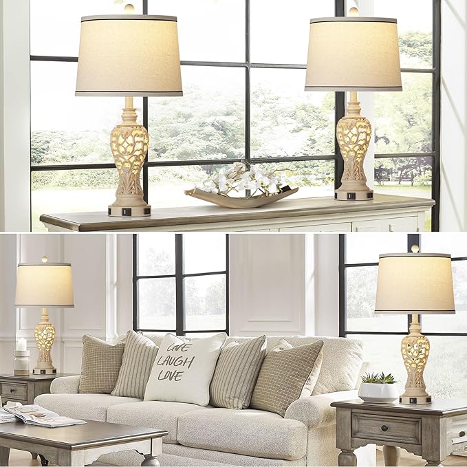 Table Lamps Set of 2, Farmhouse Table Lamps with Nightlight, Rustic Bedside Lamps with Dual USB & AC Outlet, 25.2'' Beige Vintage Nightstand Lamps for Bedroom Living Room, Bulbs Included - Bloomnest