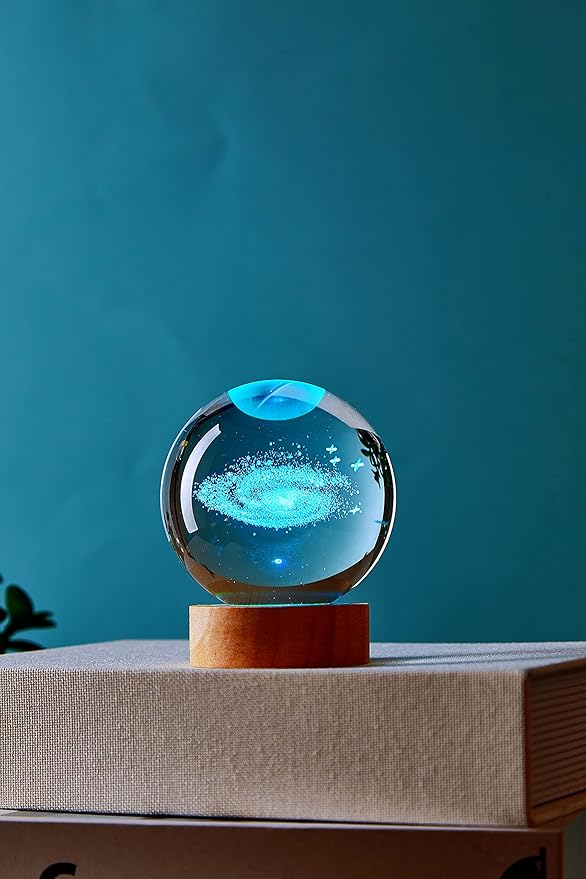 3.15 inch Galaxy Crystal Ball lamp,3D Solar System Crystal Ball Night Light with Wooden Base,16 Colors Change with Remote Control,Clear Glass Planet Light,Birthday Gift for Friends (Galaxy) - Bloomnest