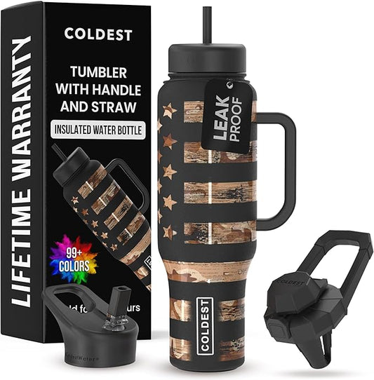 Coldest Tumbler with Handle and Straw, 100% Leak Proof Insulated Tumbler with Lid and Straw (3 Lids), Stainless Steel Tumblers for Women & Men, Cup Holder Friendly, 46 oz (Camouflage Flag) - Bloomnest