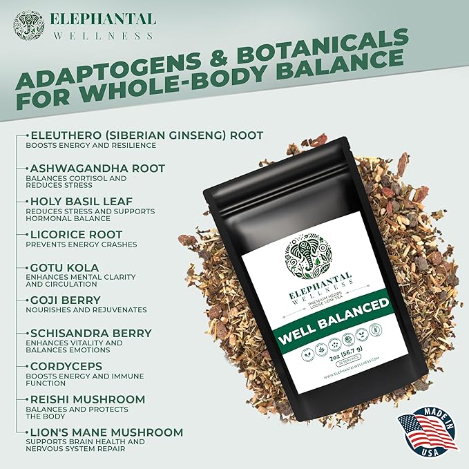 Elephantal Wellness Premium Well Balanced Herbal Tea | Healthy Cortisol, Adaptogenic Stress Energy Support with Ashwagandha, Goji, Reishi, Holy Basil & Lion’s Mane, Caffeine-Free, Non-GMO, 4 oz - Bloomnest