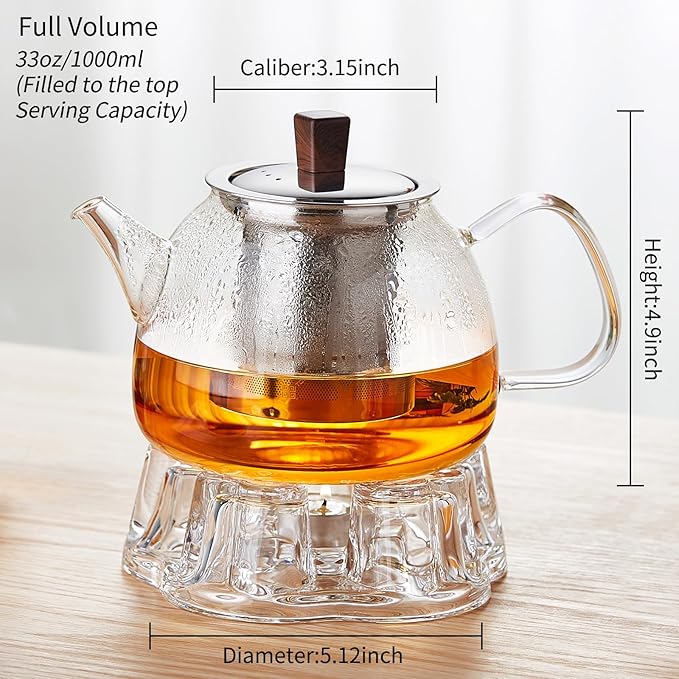 34OZ/1000ml Glass Teapot with Stainless Steel Infuser, Drip-Free Spout, and Wooden Knob Lid – Stovetop Safe Borosilicate Tea Kettle for Loose Leaf and Herbal Tea Brewing - Bloomnest