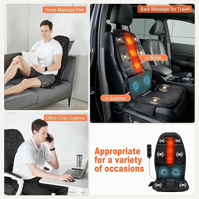 Massage Seat Cushion with Heat, Cooling Back Massager for Chair, Chair Massager for Full Body Massage, Deep Tissue Vibration Pad with 2 Adapters, Gifts for Dad Mom - Bloomnest