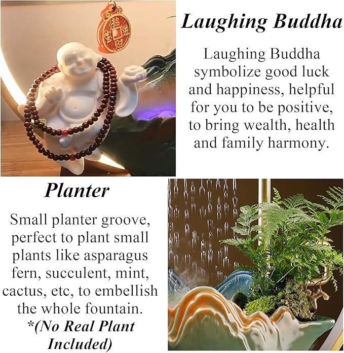 Tabletop Buddha Water Fountains Indoor Waterfall with LED Light Desktop Fountain for Meditation with Mist Japanese Fountain with Fake Plants Feng Shui Office Home Decor for Good Luck Wealth - Bloomnest