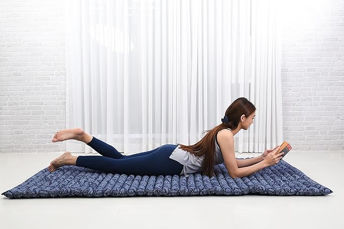 Leewadee - Kapok Roll Mat – Handcrafted Folding Sleep & Relaxation Mattress from Thailand, Ideal as Guest Bed, Camping Mat, Yoga Mat or Traditional Futon, 75 x 39 inches, Blue White - Bloomnest