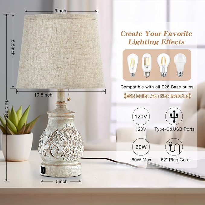 19.5'' Farmhouse Table Lamps for Bedrooms Set of 2 Vintage Bedside Lamps for Nightstand with USB Charging Ports Traditional Rusic Side Table Lamps for Living Room Wooden Carved Floral, Pull Chain - Bloomnest