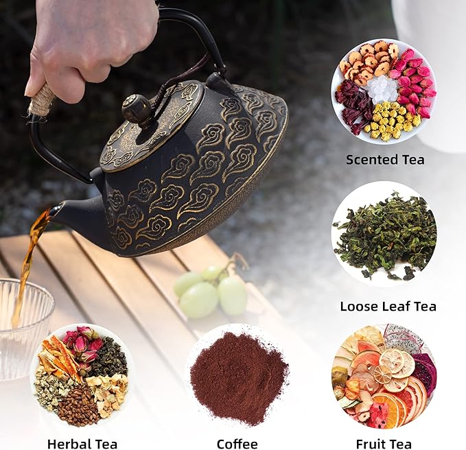 Cast Iron Teapot, Japanese Tea Pot with Infuser for Loose Leaf, Tea Kettle Stovetop Safe Coated with Enameled Interior, Clouds Pattern 27oz, 800ml Black