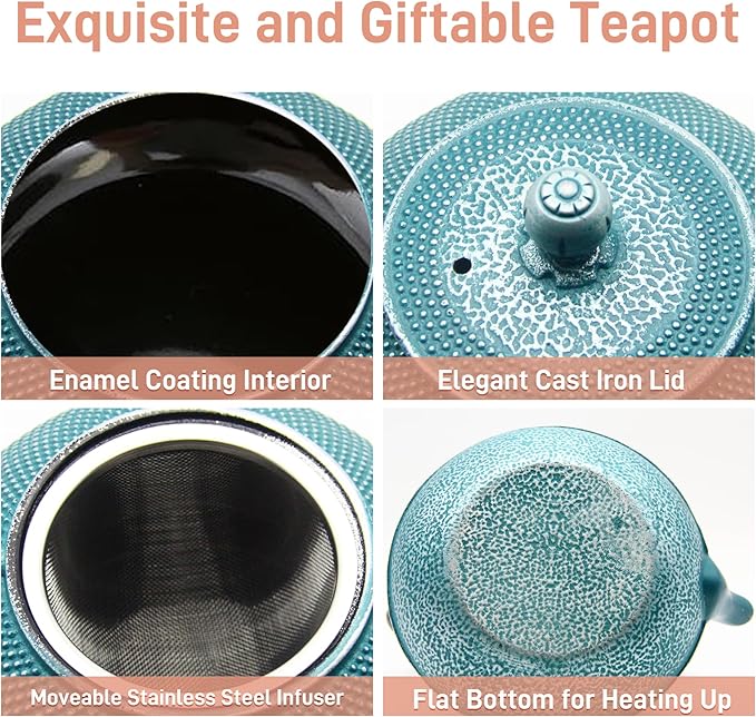 30.4oz Small Cast Iron Teapot, Tea Kettle with Stainless Steel Infuser for Loose Tea, Coated with Enameled Interior, Japanese Style Tetsubin for Stovetop Safe(900ml) - Bloomnest