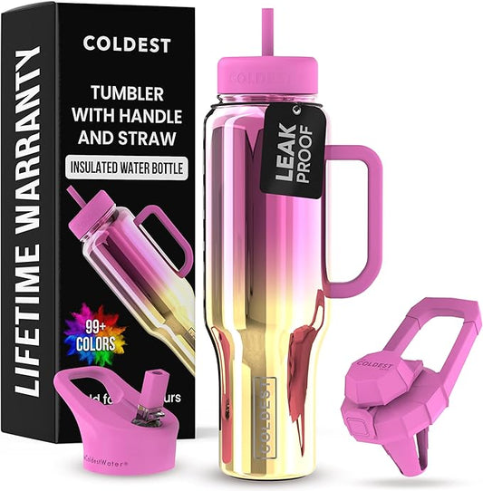Coldest Tumbler with Handle and Straw - 100% Spill Proof Tumbler with Straw (3 Lids) - Stainless Steel Insulated Leakproof Tumblers for Women & Men - Cup Holder Friendly - 46 oz (SunTan Nova) - Bloomnest