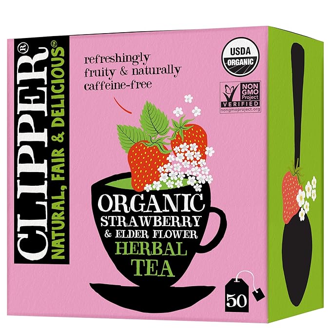 Clipper Tea Organic Strawberry & Elderflower Herbal Tea – 50 Count (Pack of 1) – Caffeine Free & Non-GMO – Unbleached, Plastic-Free Tea Bags – Delicious Hot or Iced Fruit Infusion - Bloomnest