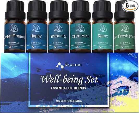 ASAKUKI Essential Oil Blends, Essential Oils for Diffusers for Home, Well-Being Kit- Calm Mind, Sweet Dreams, Happy, Relax, Air Freshening, Immunity for Aromatherapy, Humidifiers, Massage, 6x10ml - Bloomnest